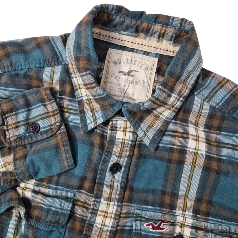 Hollister Flannel Shirt Mens M Blue Brown Plaid Skater Grunge 100% Cotton Button